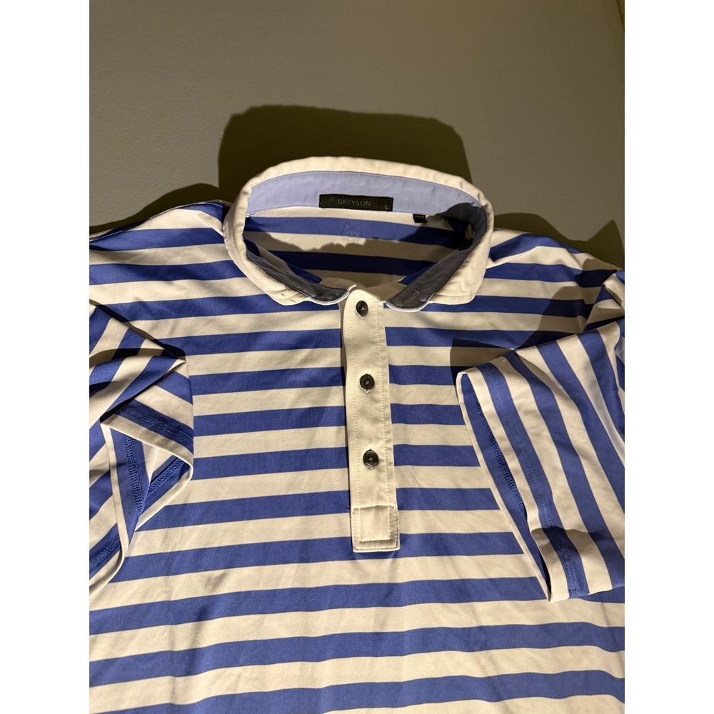 Greyson Mens Striped Short Sleeve Golf Polo Shirt Blue White Wolf Logo Large
